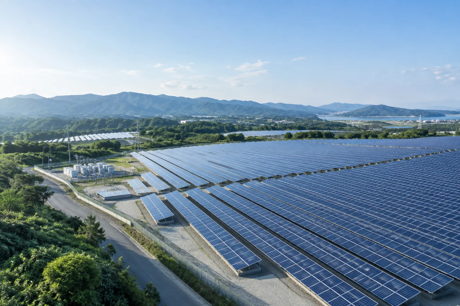 広がる太陽光発電設備と緑の風景を表現した事業のイメージ
