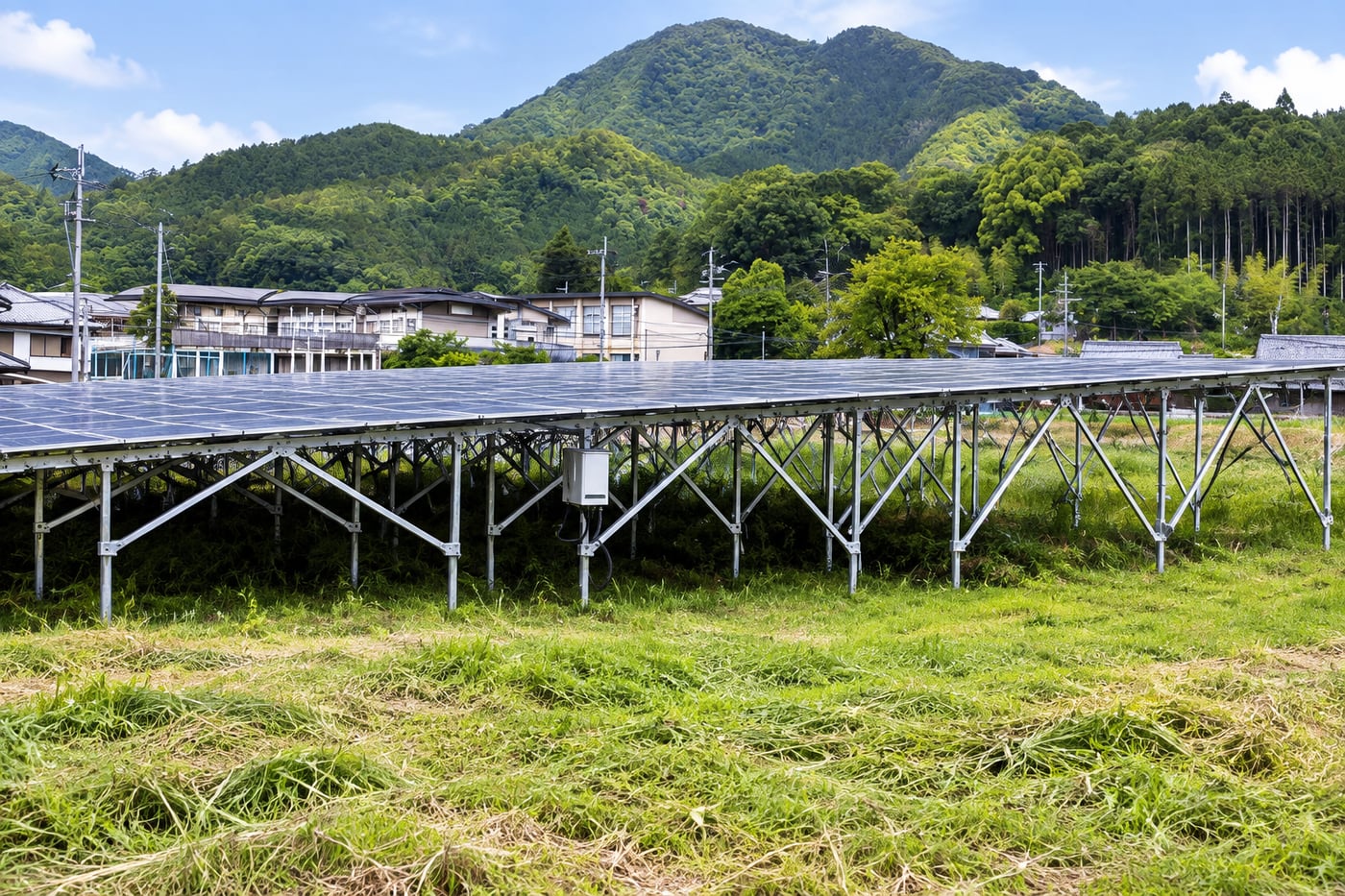 奈良県内の自社NON-FIT発電所。太陽光パネル、架台と現地の様子